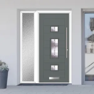 Firenza 3 Urban Style Composite Front Door Set with Single Side Screen - Central Barite Glass - Shown in Mouse Grey